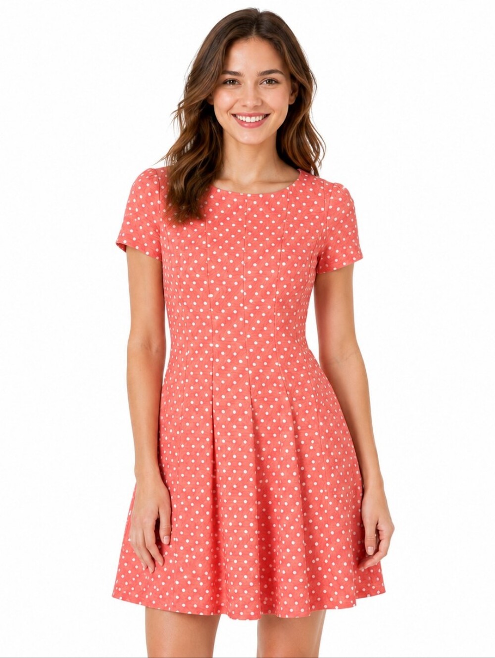 Danny & Nicole Fit N Flare Dress Size 6P Coral Ivory Polka Dot Pleated New